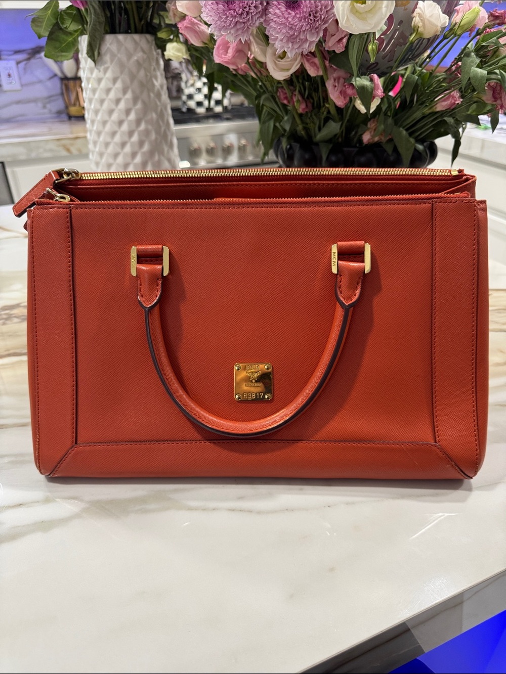 MCM Orange Leather Top-Handle Satchel with Gold Hardware